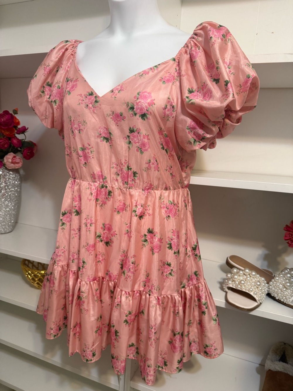 LoveShackFancy Peach Pink Floral Puff-Sleeve Dress 10 - Picture 6 of 8